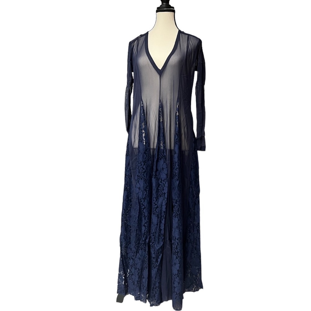 We are HAH Mama C Dress Night Navy Lace Sheer Panel Maxi Dress Small (oversized) - Picture 3 of 11